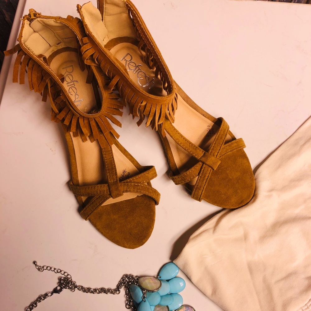 Refresh Strappy Fringe Moccasin Style Wedge Sandals